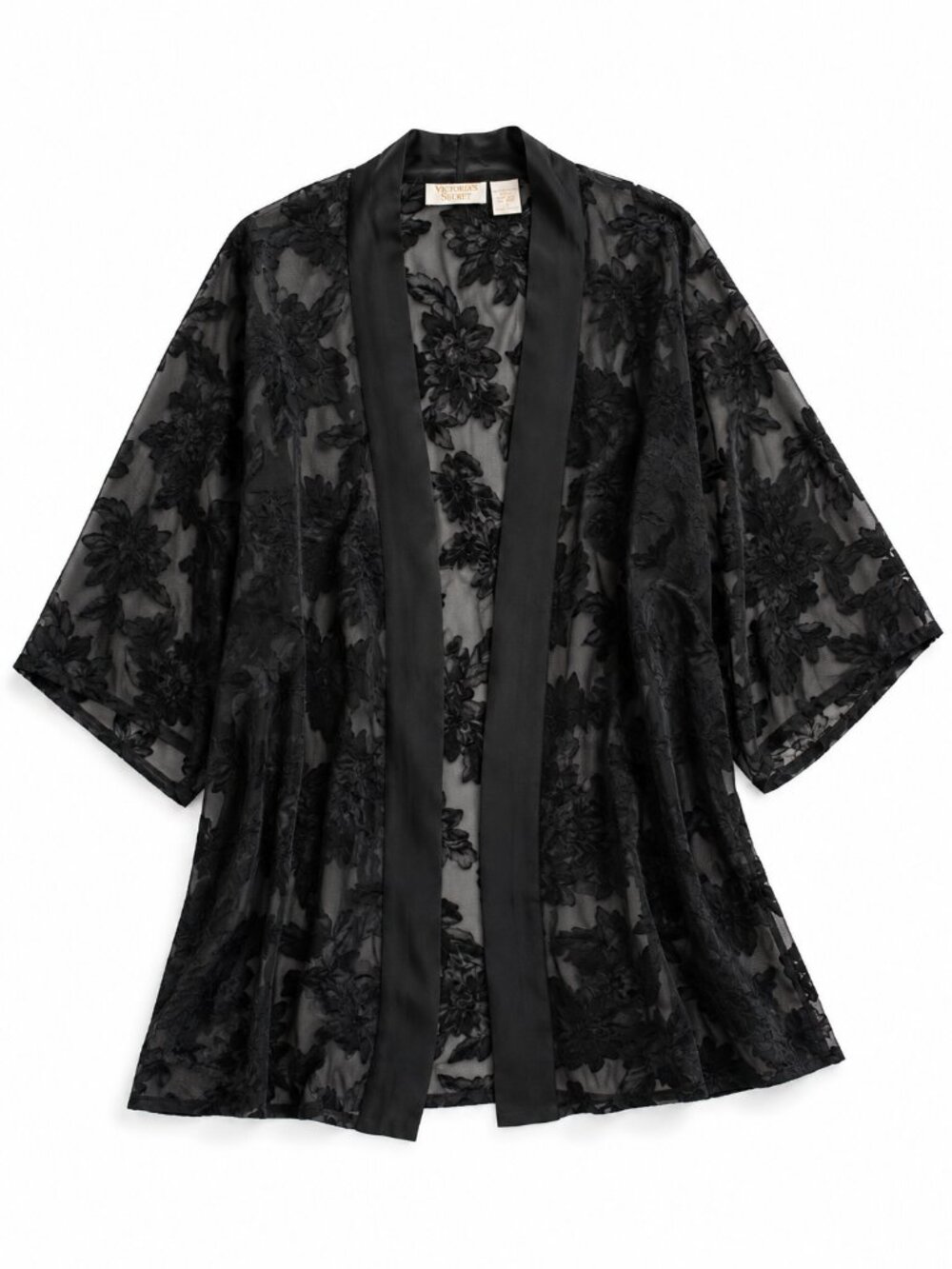 Vintage Victoria’s Secret Gold Label Black Sheer Burnout Kimono Robe